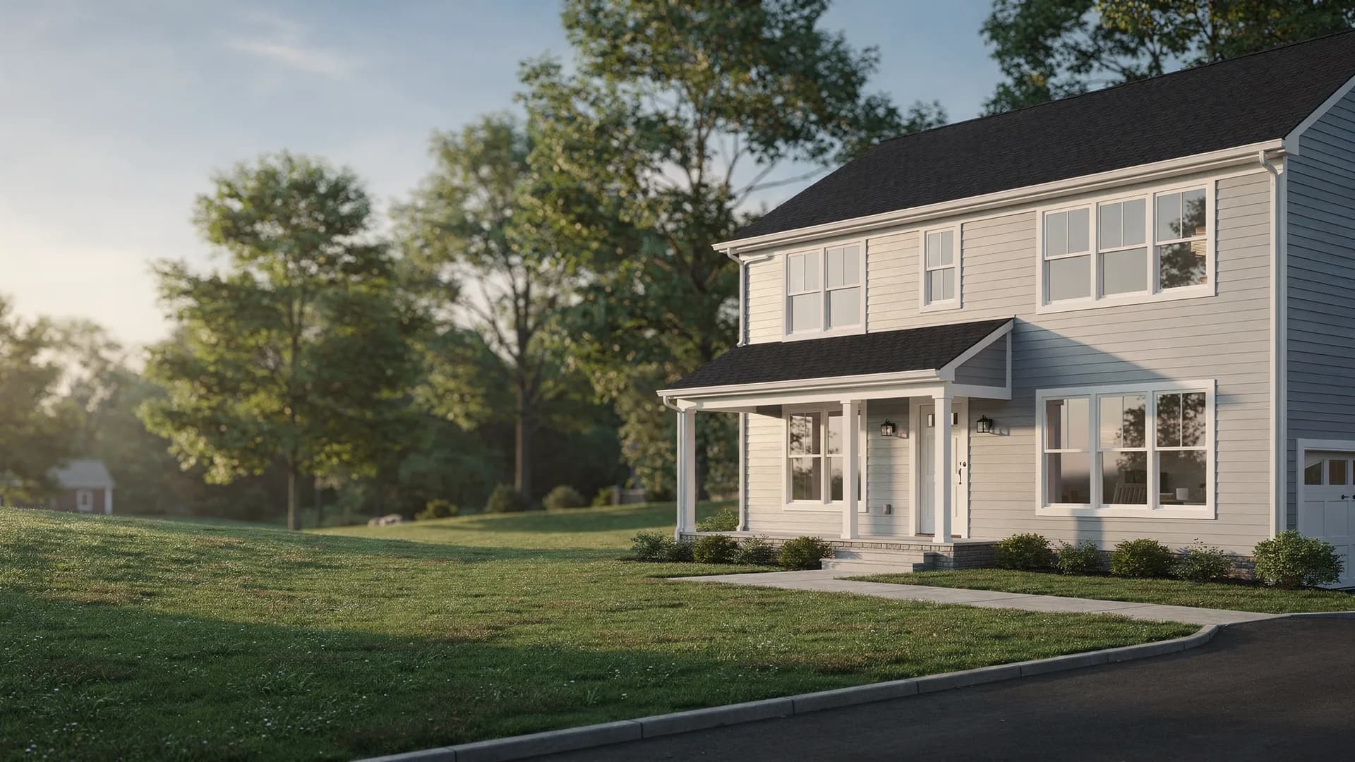 Freshly renovated suburban New Jersey home with new roof and siding in morning light