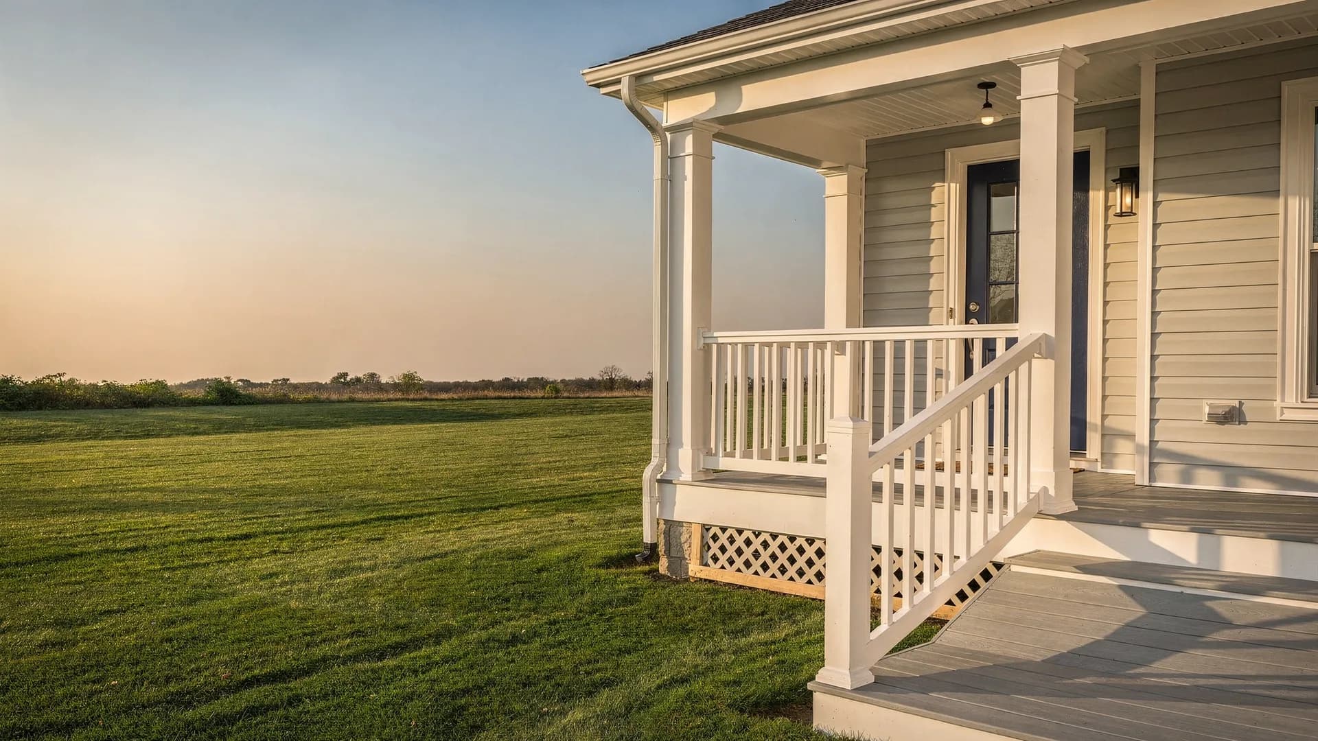 New covered front porch with navy-blue door