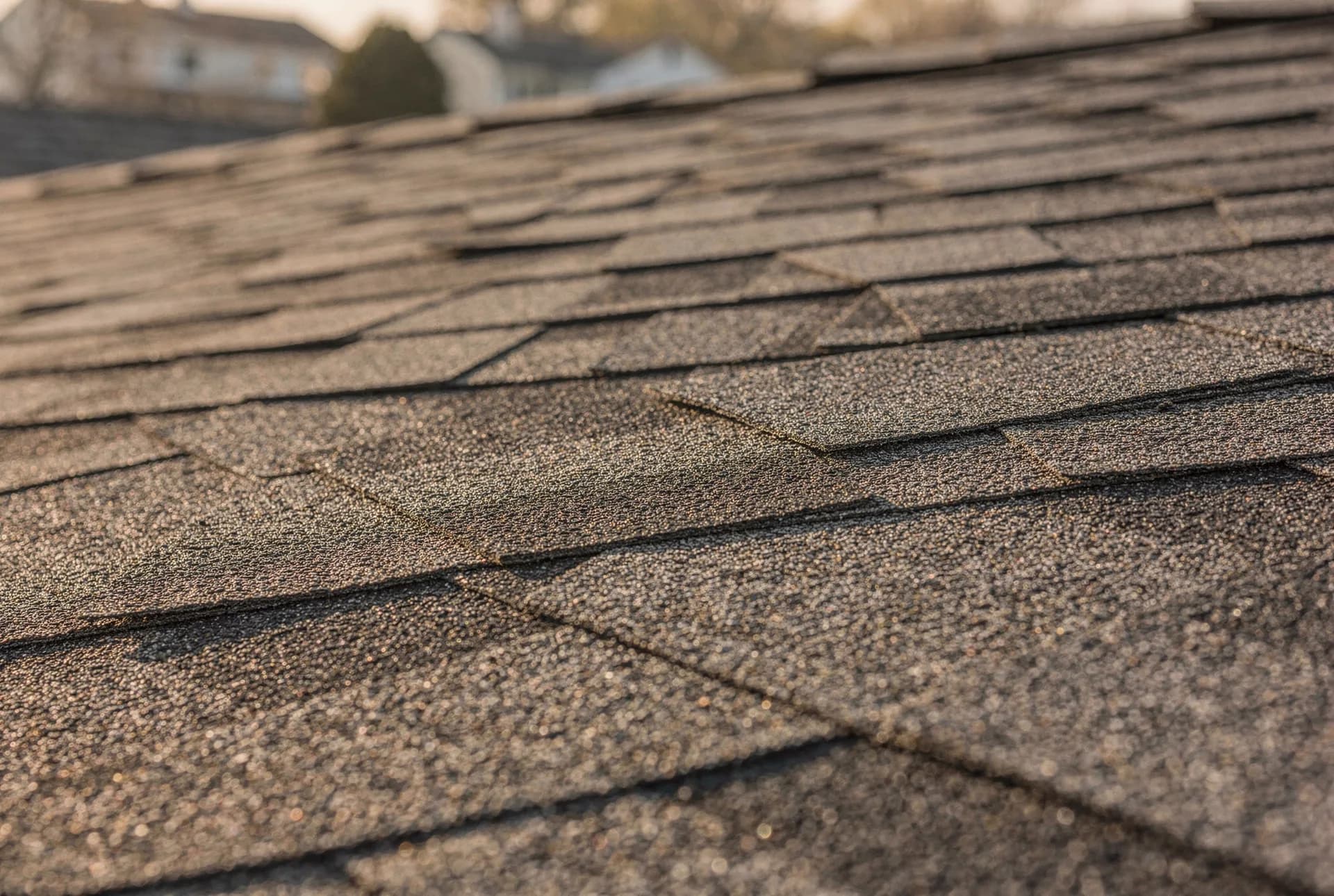 New architectural shingles in raking morning light