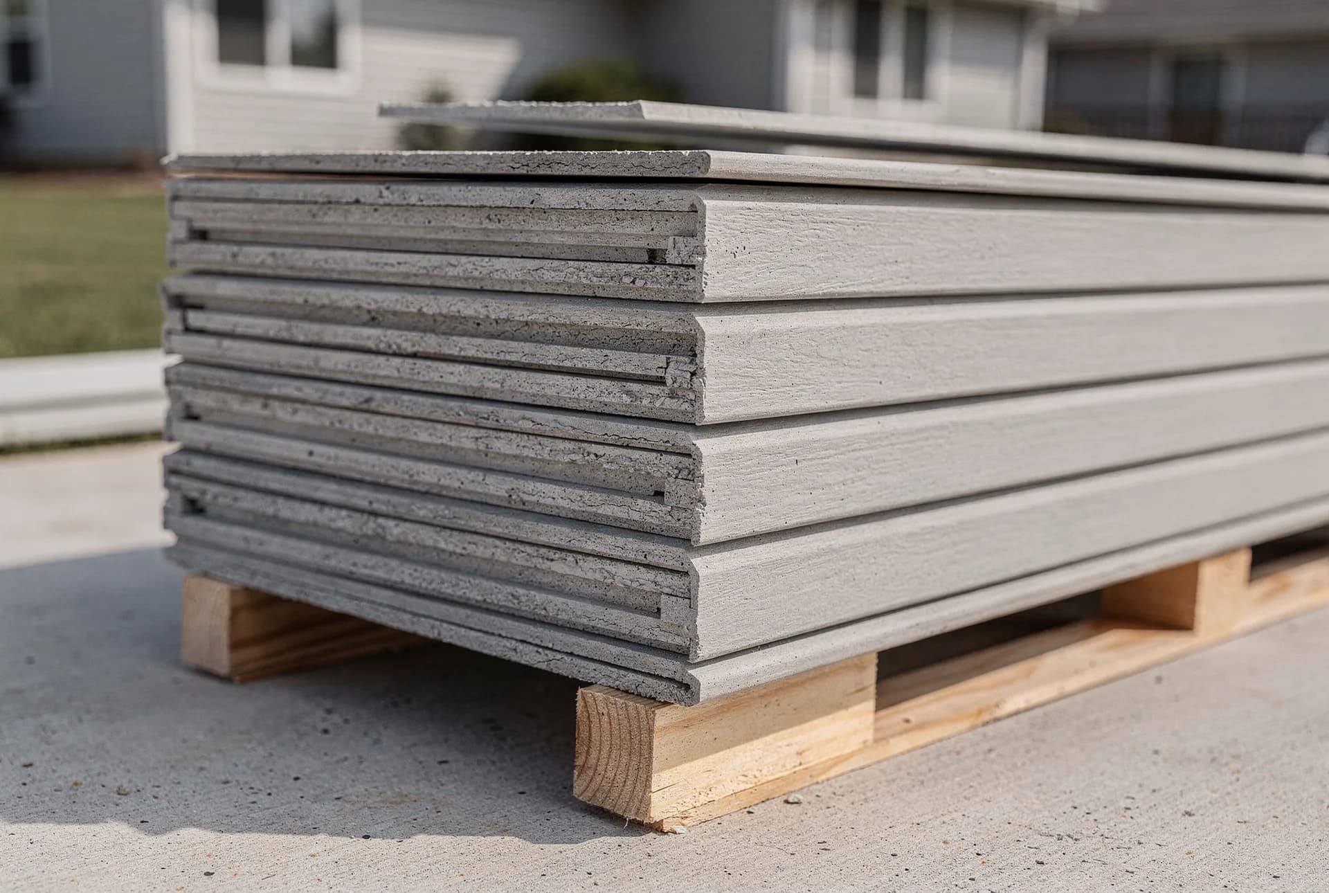 Fiber cement siding planks staged for installation